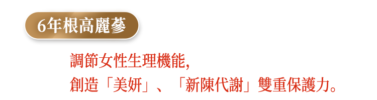 6年高麗蔘，調節女性生理機能，創造「美妍」、「新陳代謝」雙重保護力。